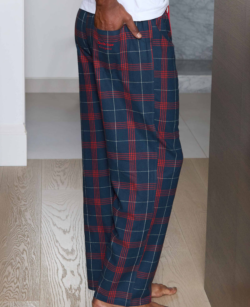 Navy Red Brushed Cotton Twill Window Check Lounge Pants