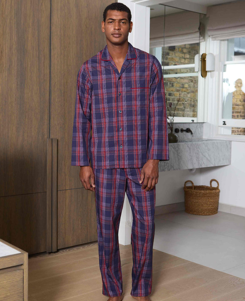 Navy Red Cotton Window Check Pyjamas