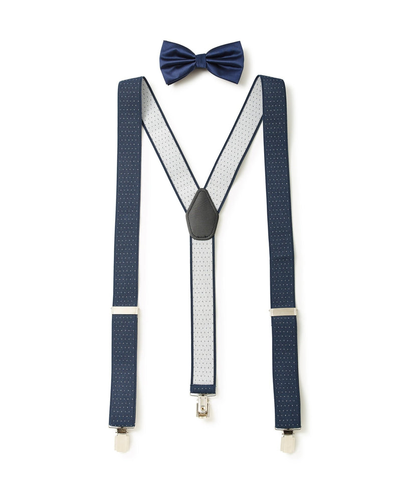 Men's Navy And White Spotted Braces And Bow Tie Set