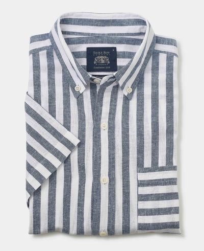 Men's Navy White Stripe Linen Cotton Classic Fit Short Sleeve Shirt folded