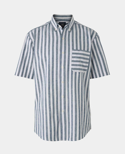Men's Navy White Stripe Linen Cotton Classic Fit Short Sleeve Shirt mannequin