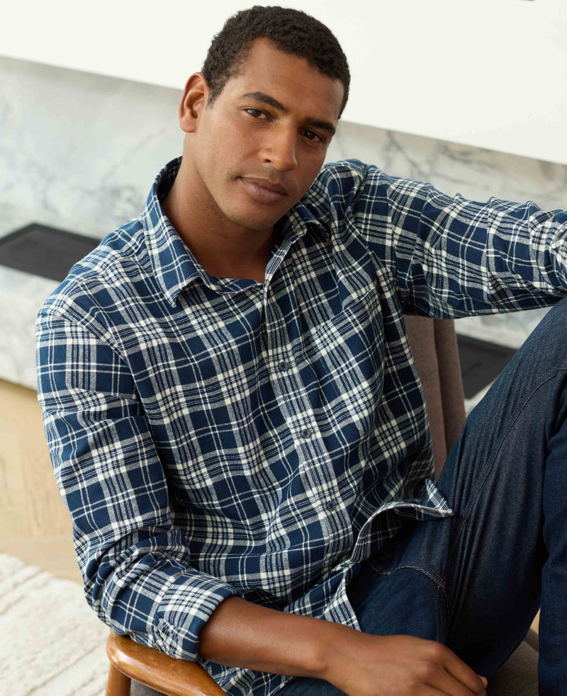 Navy White Brushed Cotton Check Classic Fit Casual Shirt