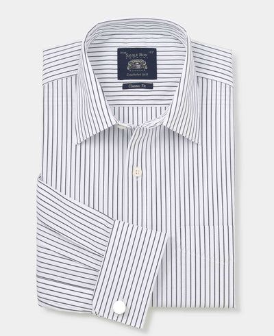 Men's Navy White Stripe Cotton Classic Fit Formal Shirt With Double Cuffs folded
