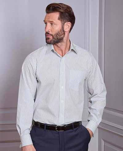 Men's Navy White Stripe Cotton Classic Fit Formal Shirt With Double Cuffs model image