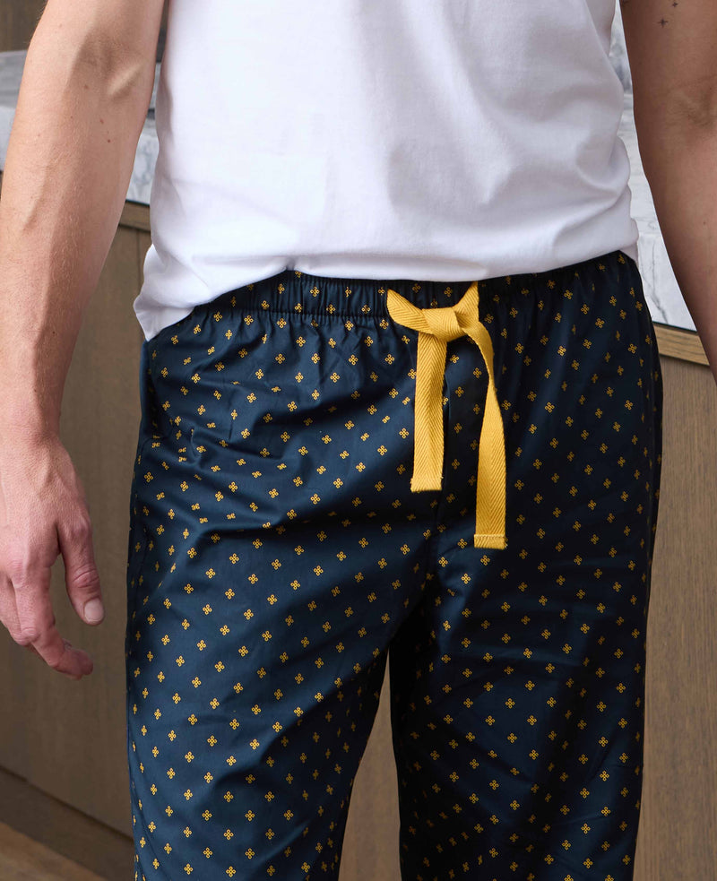 Navy Yellow Cotton Fleur De Lys Print Lounge Pants