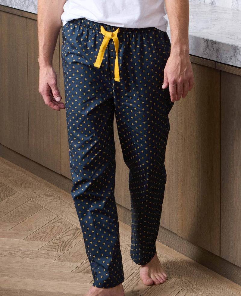 Navy Yellow Cotton Fleur De Lys Print Lounge Pants
