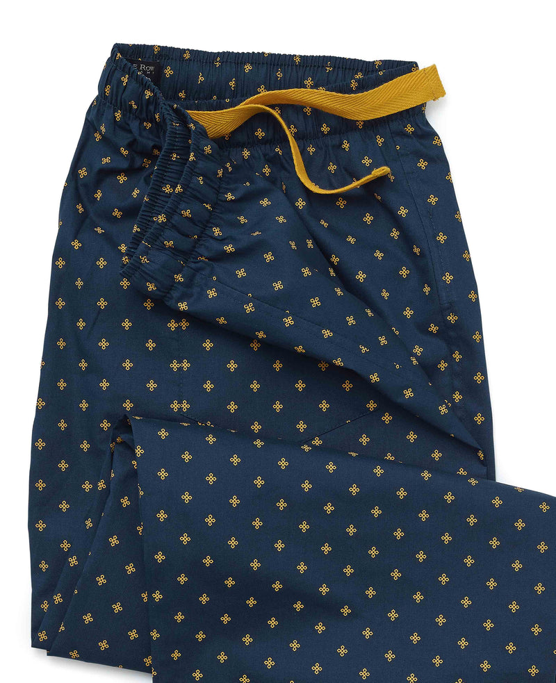 Navy Yellow Cotton Fleur De Lys Print Lounge Pants