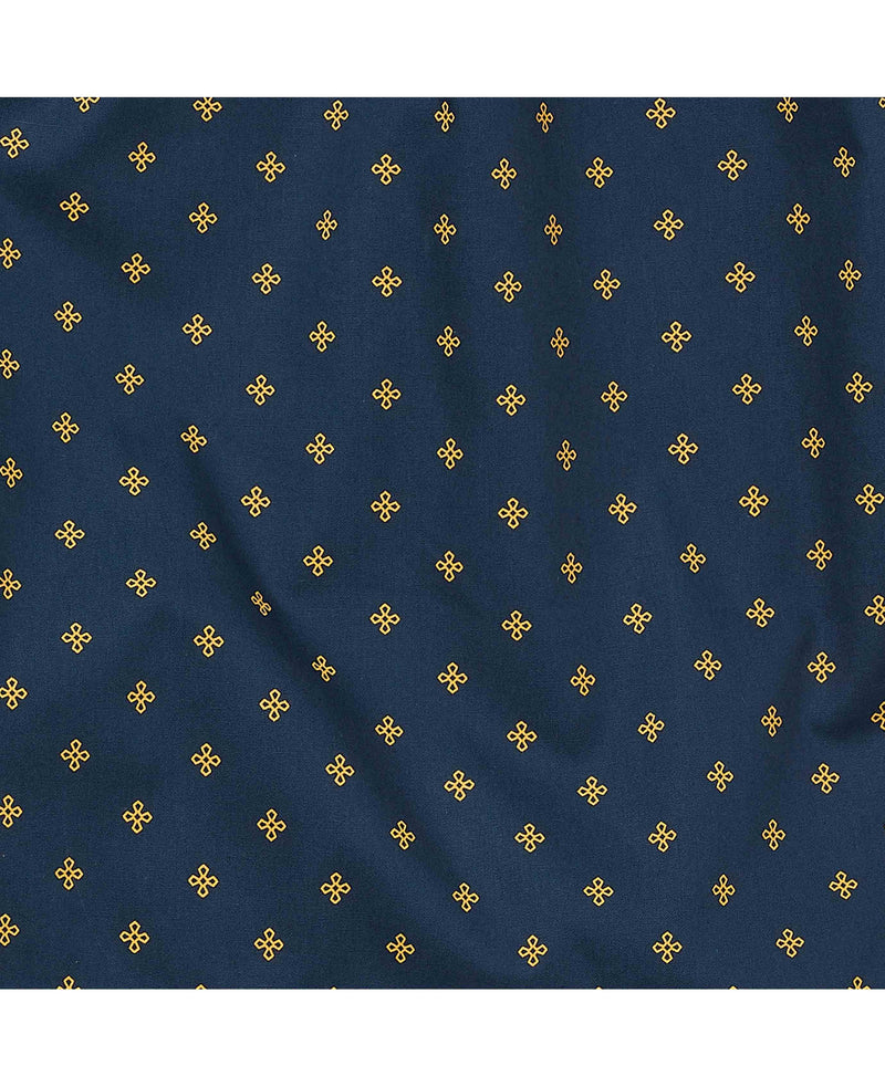 Navy Yellow Cotton Fleur De Lys Print Lounge Shorts