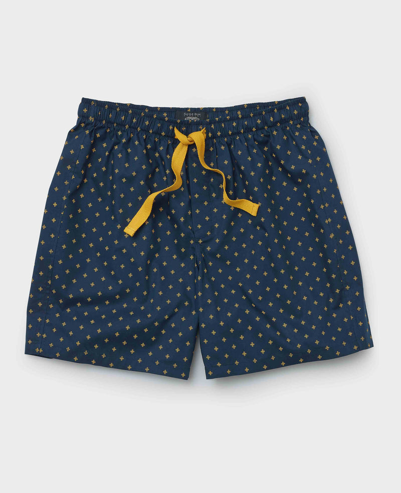 Navy Yellow Cotton Fleur De Lys Print Lounge Shorts