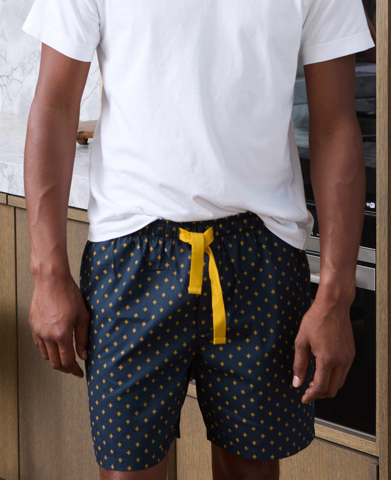 Navy Yellow Cotton Fleur De Lys Print Lounge Shorts