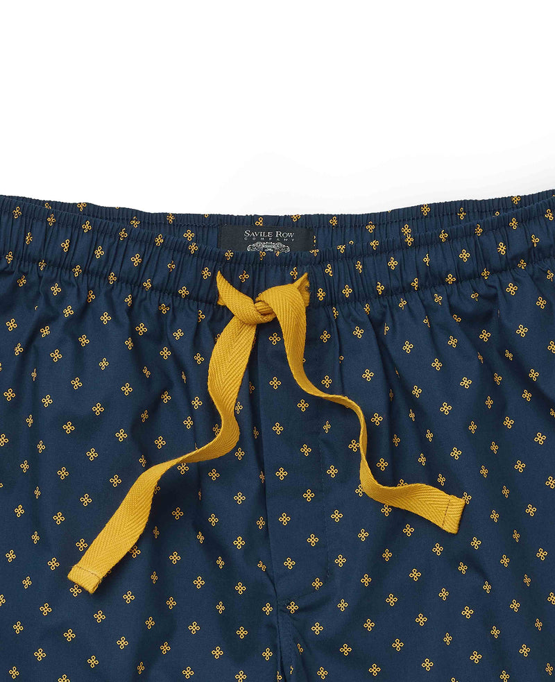 Navy Yellow Cotton Fleur De Lys Print Lounge Shorts