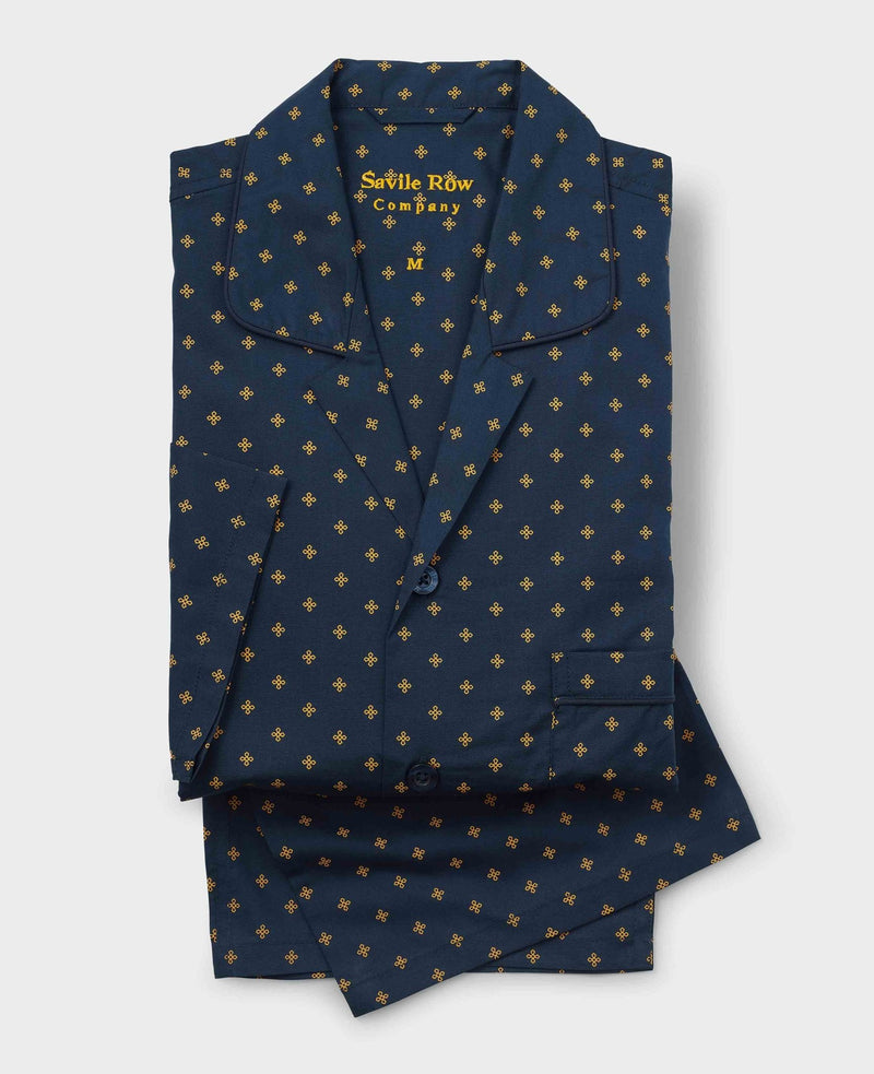 Navy Yellow Cotton Fleur De Lys Print Pyjamas