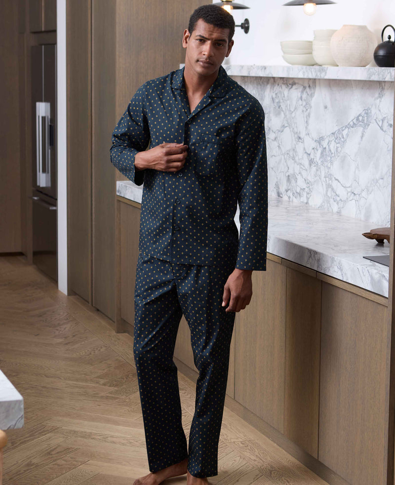 Navy Yellow Cotton Fleur De Lys Print Pyjamas