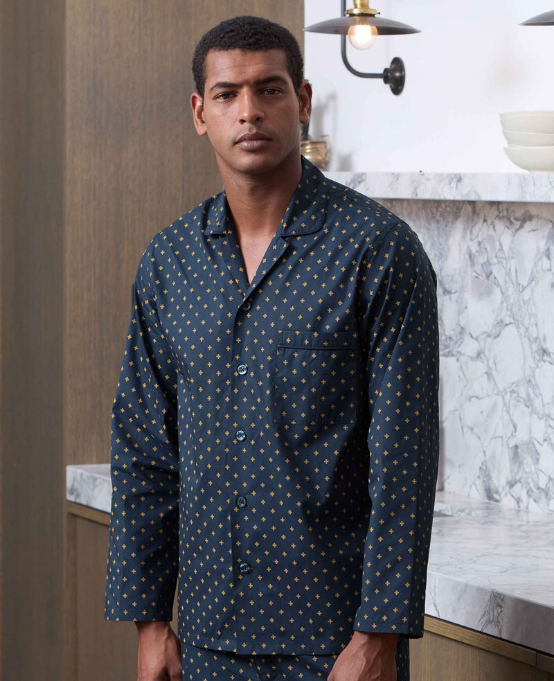 Navy Yellow Cotton Fleur De Lys Print Pyjamas