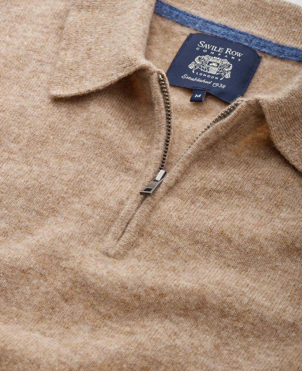 Men's Oatmeal Merino Wool Cashmere Zip Neck Long Sleeve Polo Shirt
