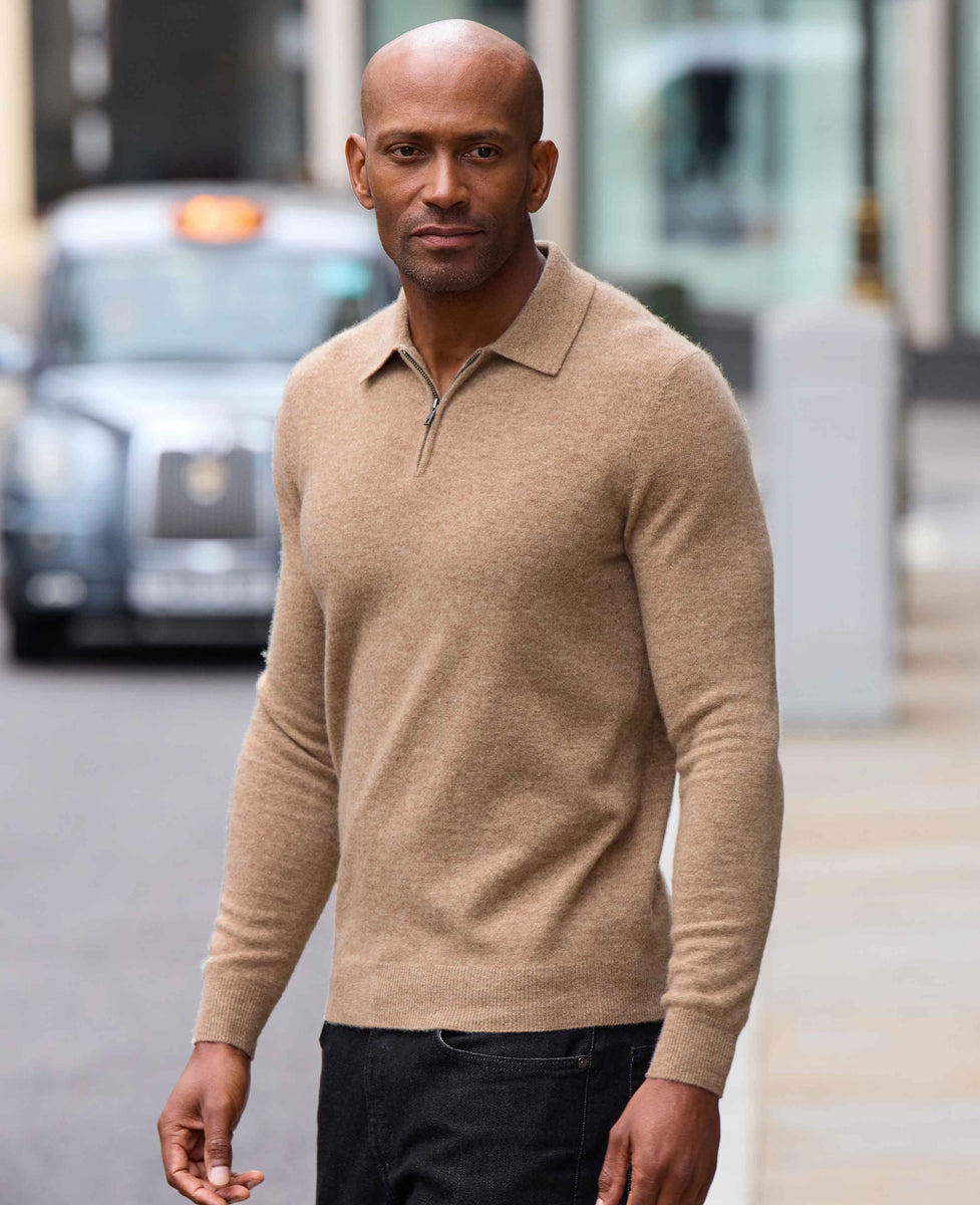 Men's Oatmeal Merino Wool Cashmere Zip Neck Long Sleeve Polo Shirt