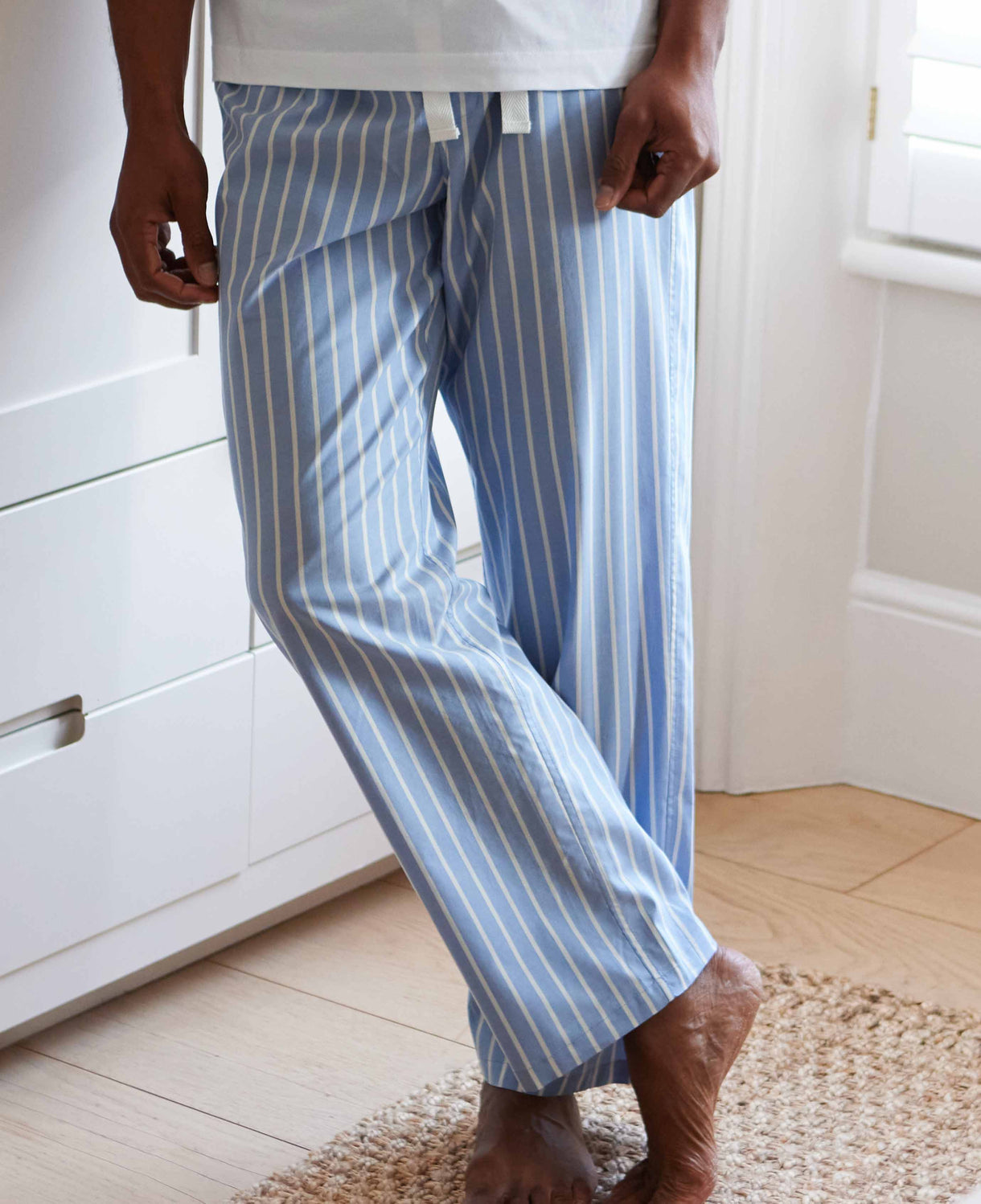 Men's Pale Blue Cotton Twill Wide Stripe Lounge Pants model shot 2