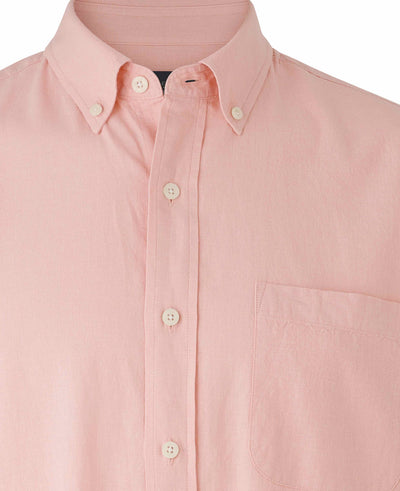 Men's Peach Linen Cotton Classic Fit Button-Down Casual Shirt collar detail