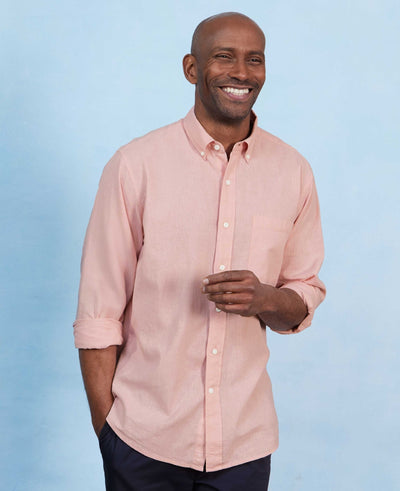 Men's Peach Linen Cotton Classic Fit Button-Down Casual Shirt model shot 1