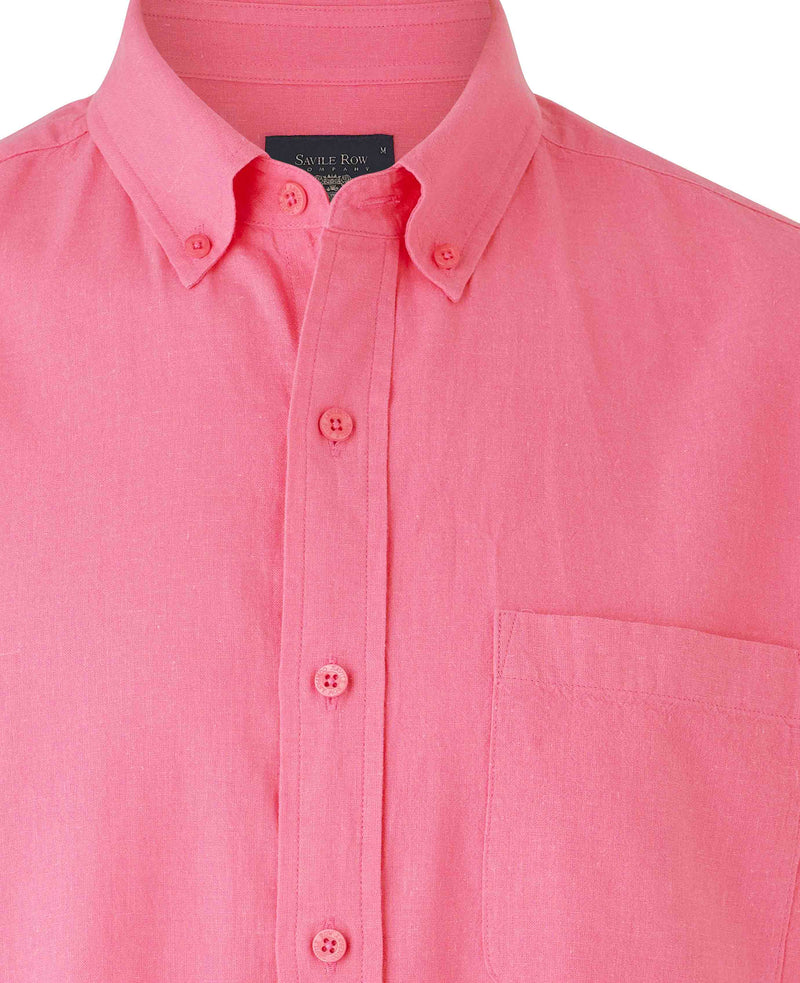 Men's Pink Linen Cotton Classic Fit Short Sleeve Button-Down Casual Shirt collar detail