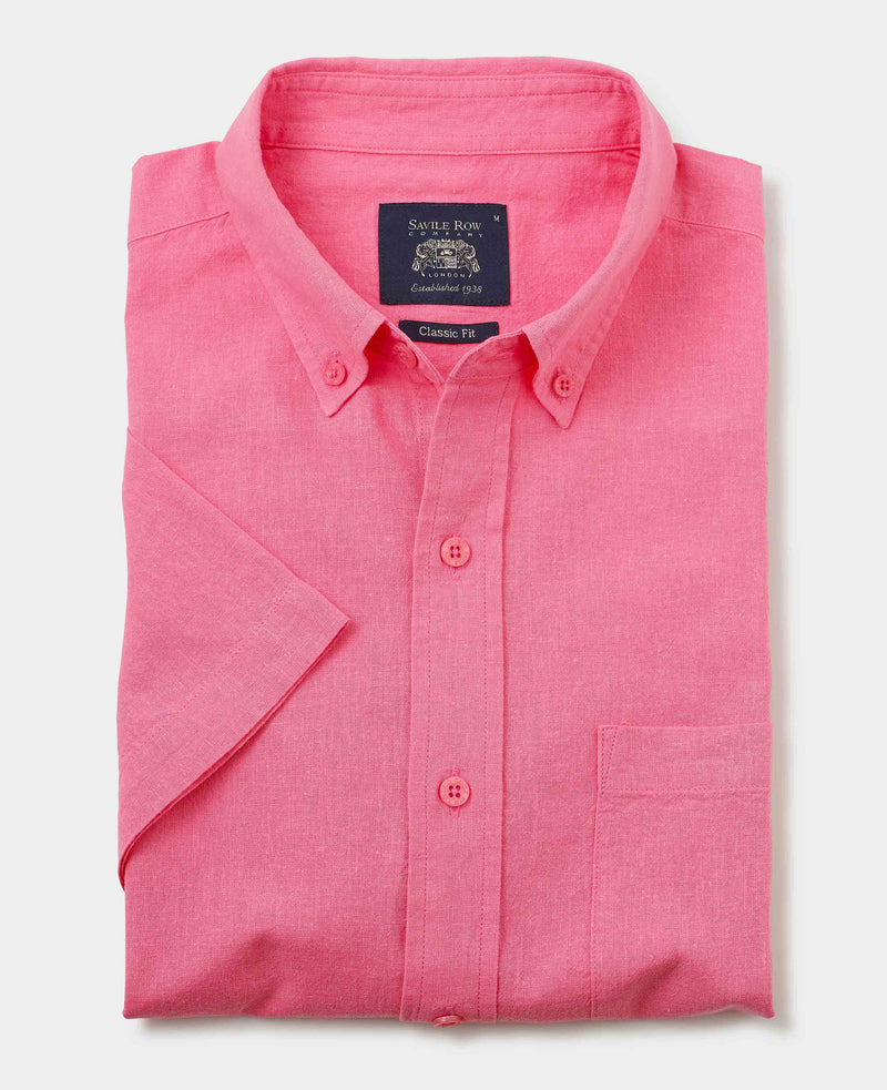 Men's Pink Linen Cotton Classic Fit Short Sleeve Button-Down Casual Shirt folded
