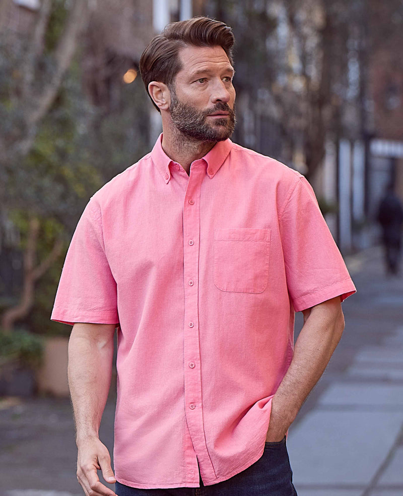 Pink Linen Cotton Classic Fit Short Sleeve Button-Down Casual Shirt