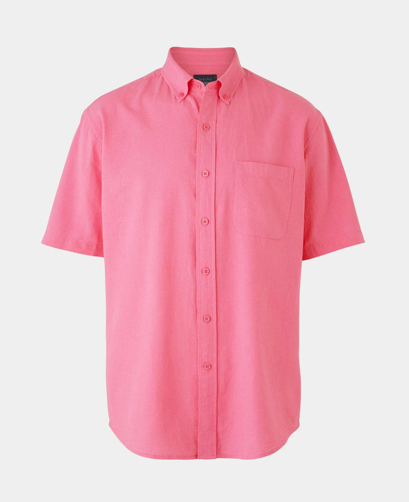 Men's Pink Linen Cotton Classic Fit Short Sleeve Button-Down Casual Shirt mannequin