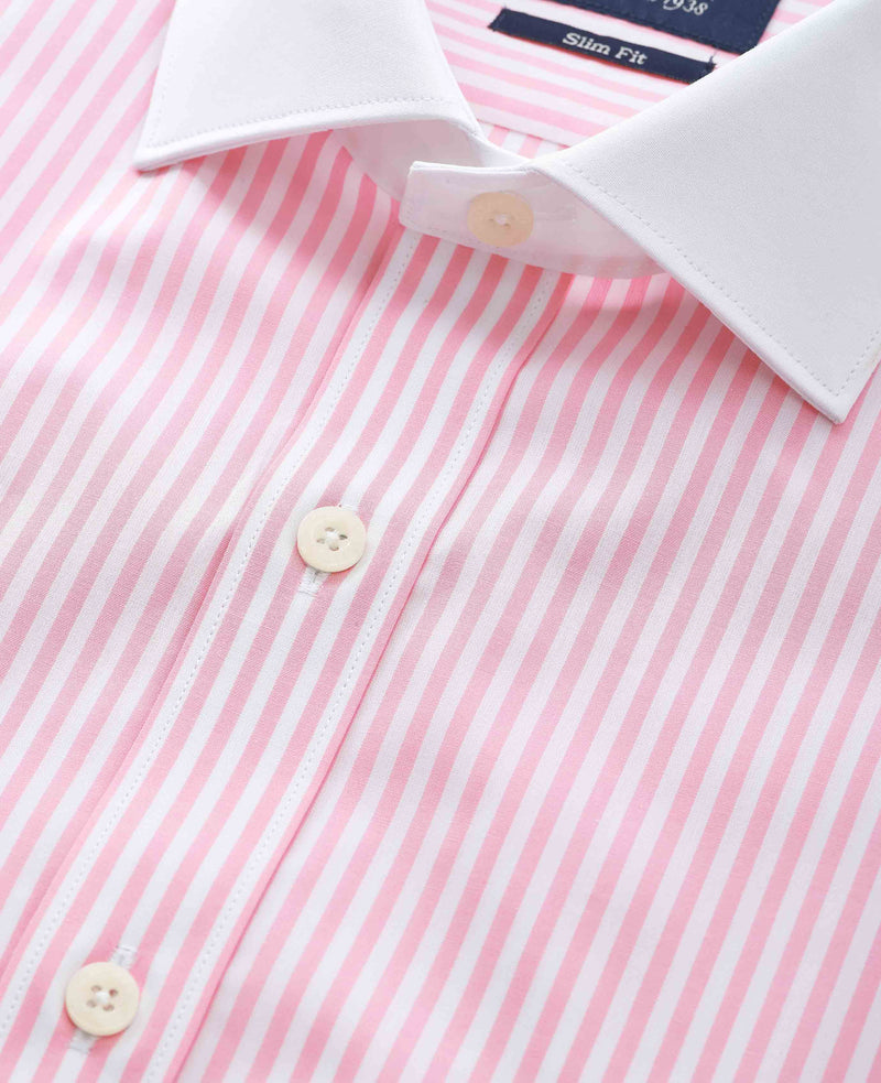 Pink White Cotton Striped Slim Fit Winchester Formal Shirt - Double Cuff