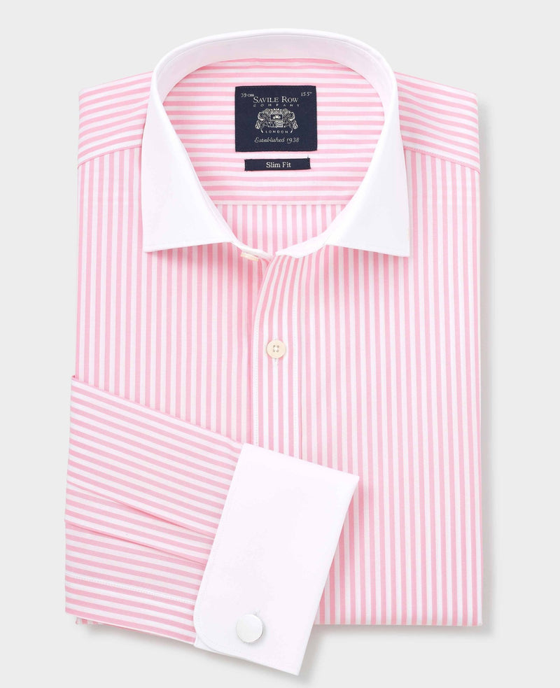 Pink White Cotton Striped Slim Fit Winchester Formal Shirt - Double Cuff