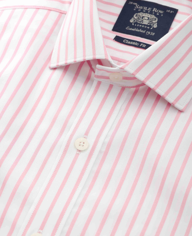 Men's Pink White Stripe Cotton Slim Fit Formal Shirt With Single Cuffs collar detail