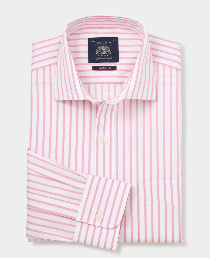 Men's Pink White Stripe Cotton Slim Fit Formal Shirt With Single Cuffs folded