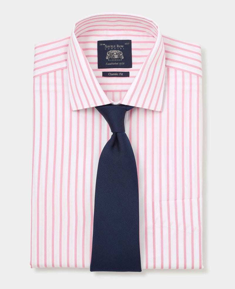 Men's Pink White Stripe Cotton Slim Fit Formal Shirt With Single Cuffs folded with tie