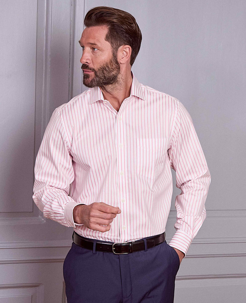 Men's Pink White Stripe Cotton Slim Fit Formal Shirt With Single Cuffs model image
