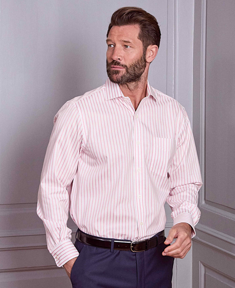 Men's Pink White Stripe Cotton Slim Fit Formal Shirt With Single Cuffs model image
