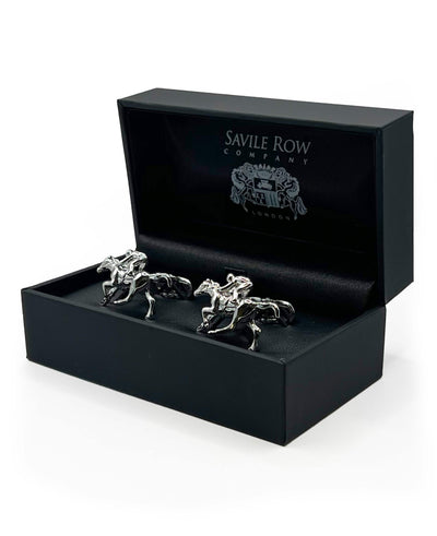 Silver Tone Rhodium Plated Racing Horse Cufflinks