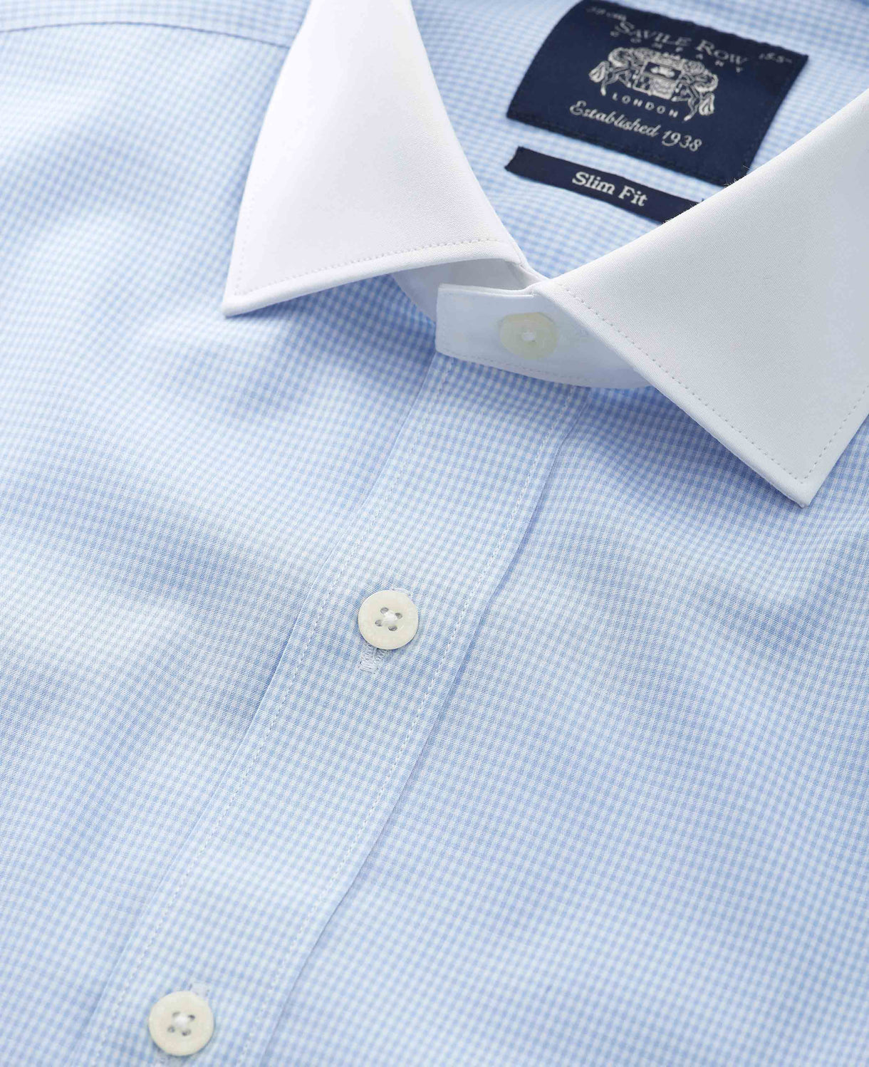Men's Sky Blue Cotton Check Slim Fit Winchester Formal Shirt With Double Cuffs collar detail