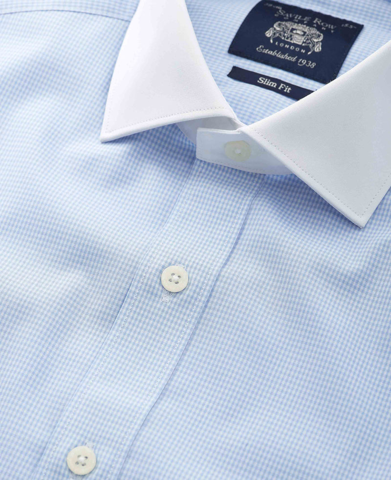 Men's Sky Blue Cotton Check Slim Fit Winchester Formal Shirt With Double Cuffs collar detail