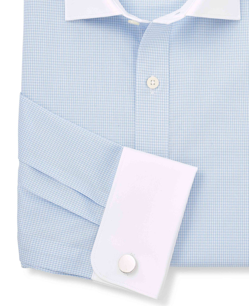 Men's Sky Blue Cotton Check Slim Fit Winchester Formal Shirt With Double Cuffs sleeve detail