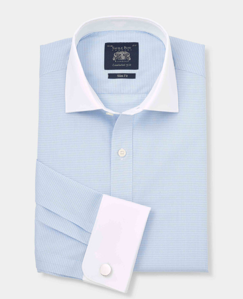 Men's Sky Blue Cotton Check Slim Fit Winchester Formal Shirt With Double Cuffs folded