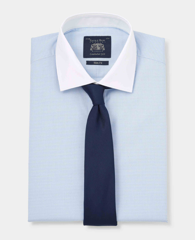 Men's Sky Blue Cotton Check Slim Fit Winchester Formal Shirt With Double Cuffs folded with tie