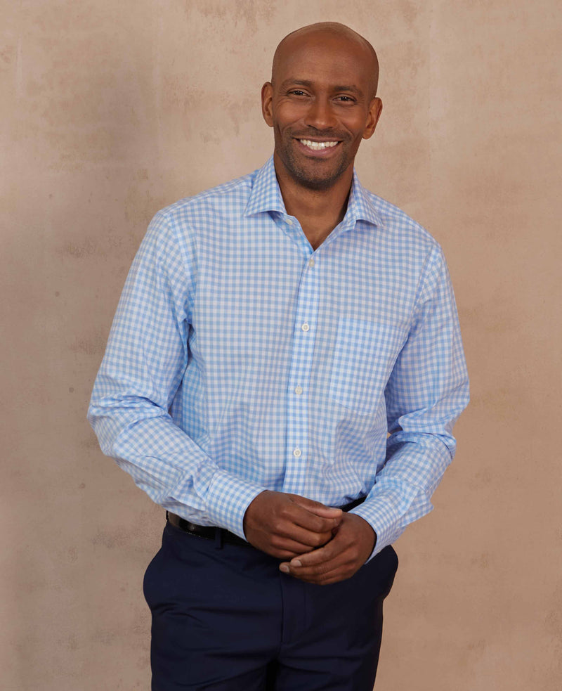 sky blue cotton gingham classic fit formal shirt single cuff 1485sky no tie model image 2