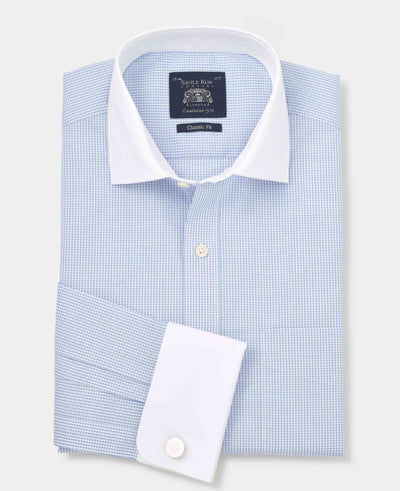 Men's Sky Blue Cotton Window Check Classic Fit Winchester Formal Shirt With Double Cuffs folded