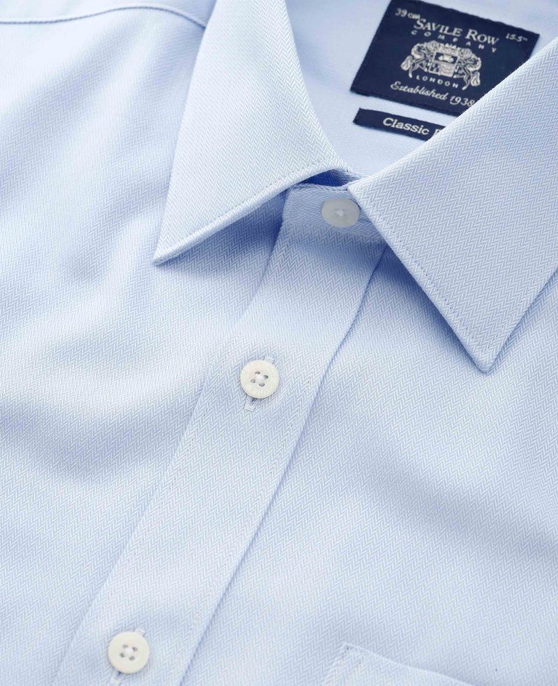 Men's Sky Blue Textured Cotton Herringbone Classic Fit Formal Shirt With Double Cuff collar detail