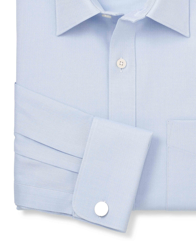 Men's Sky Blue Textured Cotton Herringbone Classic Fit Formal Shirt With Double Cuff sleeve detail