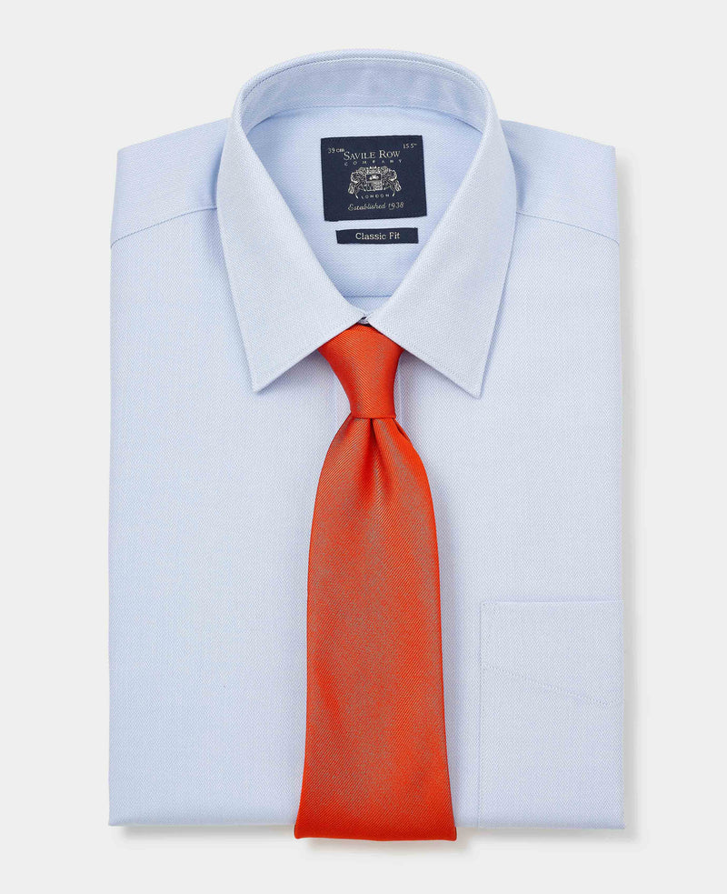 Men's Sky Blue Textured Cotton Herringbone Classic Fit Formal Shirt With Double Cuff folded with tie