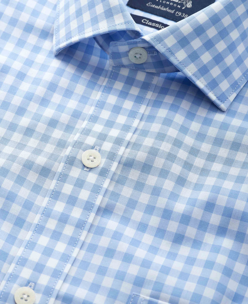 Sky Blue White Cotton Gingham Check Classic Fit Formal Shirt - Double Cuff