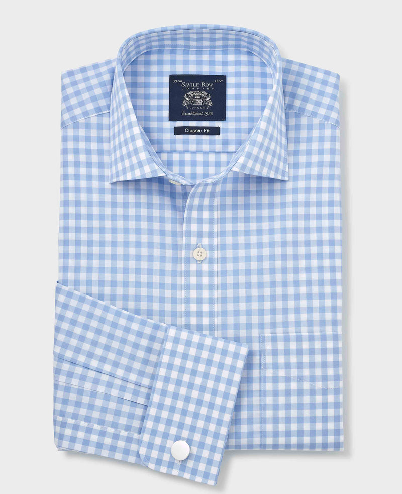 Sky Blue White Cotton Gingham Check Classic Fit Formal Shirt - Double Cuff