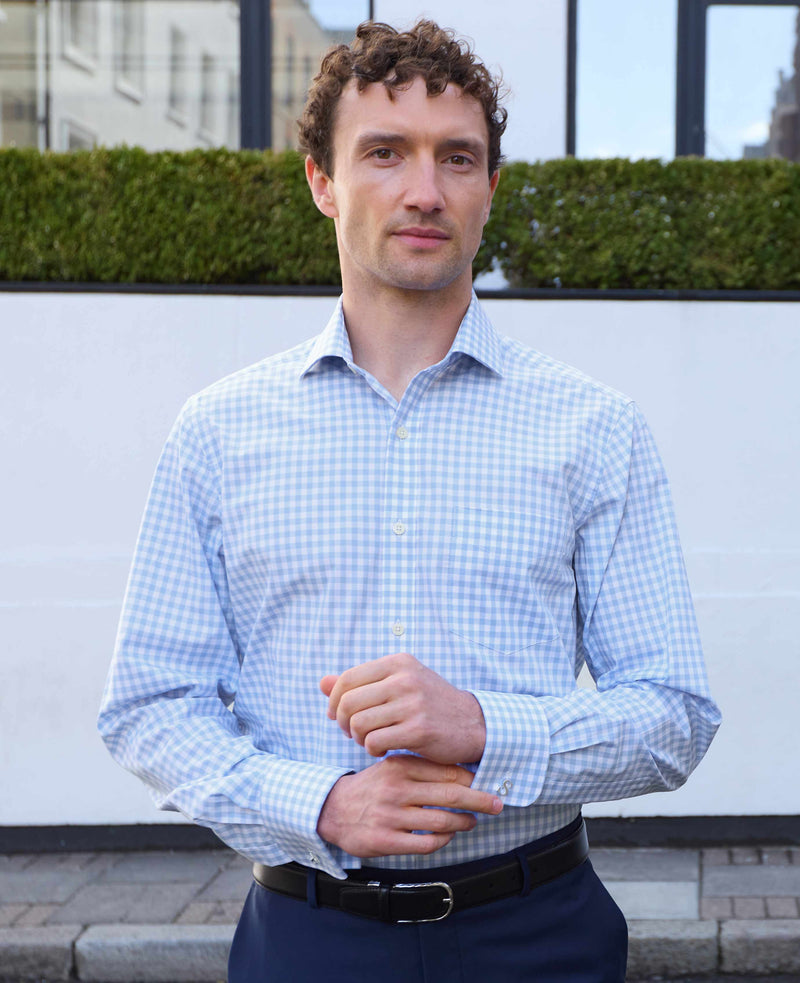 Sky Blue White Cotton Gingham Check Classic Fit Formal Shirt - Double Cuff