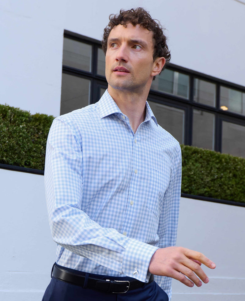 Sky Blue White Cotton Gingham Check Classic Fit Formal Shirt - Double Cuff