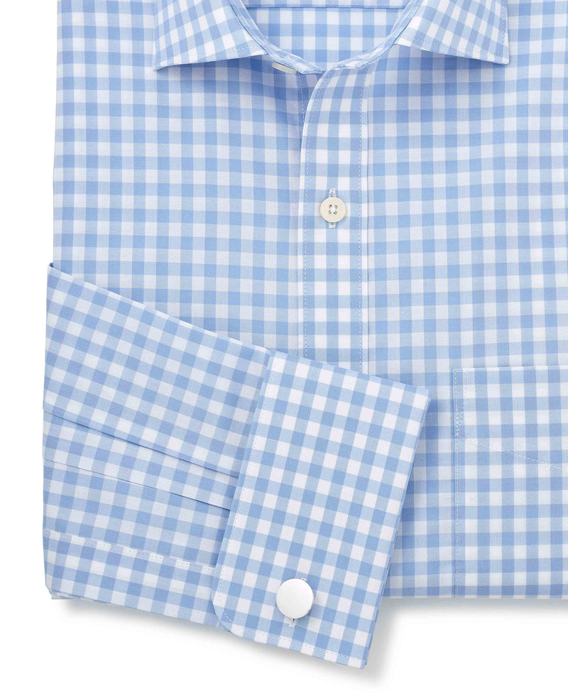 Sky Blue White Cotton Gingham Check Classic Fit Formal Shirt - Double Cuff